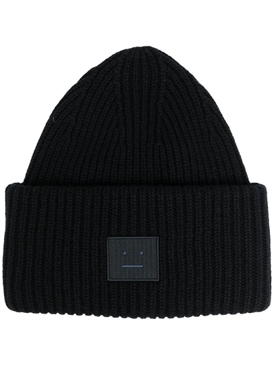 Acne Studios Face-patch Ribbed Knit Beanie In Black