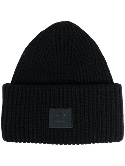 Acne Studios Face Logo Patch Ribbed Knit Beanie In Black