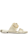 Ferragamo Taryn Buckled Metallic Rubber Slides In Gold