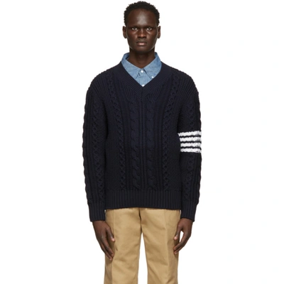 Thom Browne Navy Aran Cable 4-bar V-neck Sweater In Blue