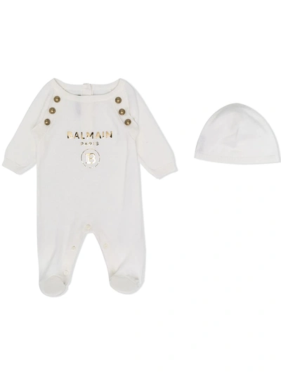 Balmain Logo Print Babygrow In 100 Bianco