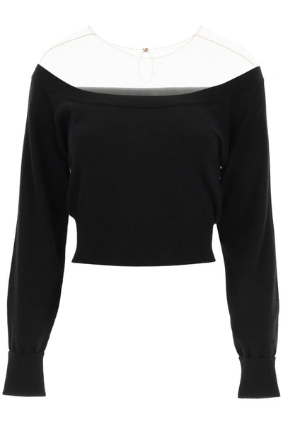Alexander Wang Fitted Cropped L/s Pullover With Sheer Yoke In Black