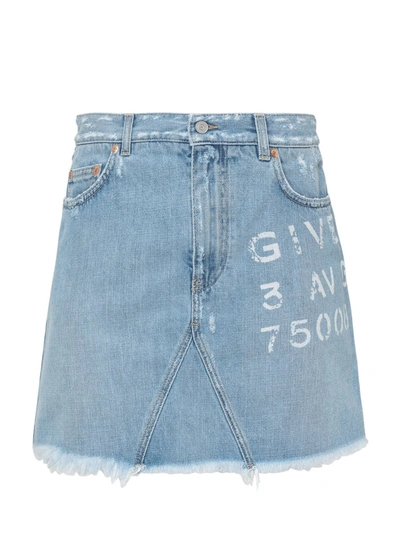 Givenchy Logo Destroyed Denim Miniskirt In Light Wash