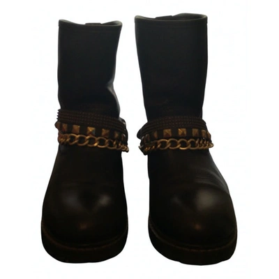 Pre-owned Moschino Love Leather Biker Boots In Brown
