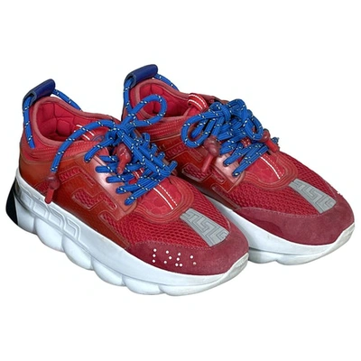 Pre-owned Versace Chain Reaction Leather Trainers In Red