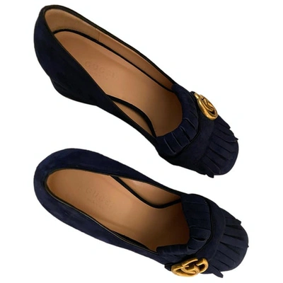 Pre-owned Gucci Marmont Blue Suede Heels