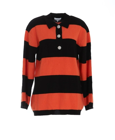 Ganni Crystal-button Striped Polo Cashmere Sweater In Mixed