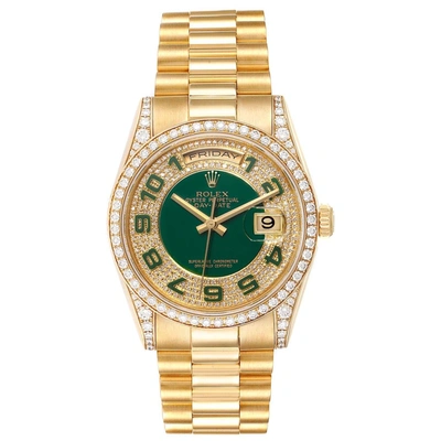 Rolex President Day Date Yellow Gold Green Enamel Diamond Mens Watch 118388 In Not Applicable