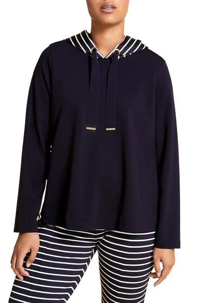 Marina Rinaldi Plus Size Oblativo Jersey Sweatshirt W/ Striped Hood In Navy