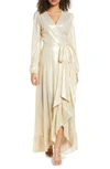 Wayf Meryl Long Sleeve Wrap High/low Gown In Champagne Metallic