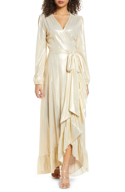 Wayf Meryl Long Sleeve Wrap High/low Gown In Champagne Metallic