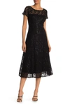 Slny Tea Length Sequin Lace Dress In Blk