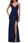 LA FEMME STRAPPY BACK RUCHED JERSEY GOWN,29736