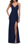 La Femme Net Jersey Prom Dress With Ruching Across Front In Blue