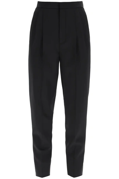 Saint Laurent Pleated Grain-de-poudre Wool Tuxedo Trousers In Black
