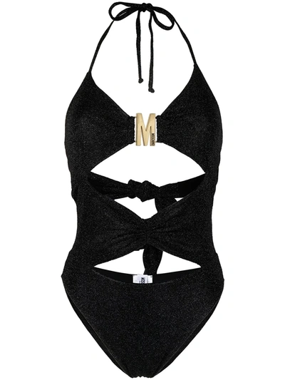 Moschino Logo-plaque Cut-out Swimsuit In Black