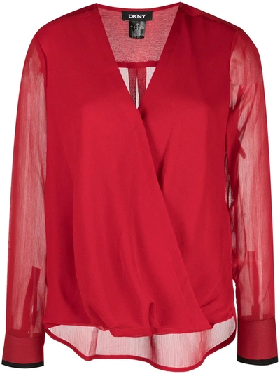 Dkny V-neck Long-sleeve Blouse In Red