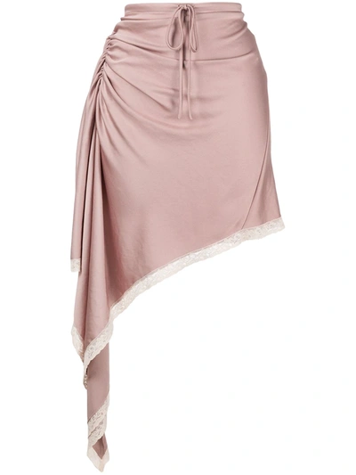 Alexander Wang T Lace Trim Ruched Asymmetric Satin Skirt In Pink