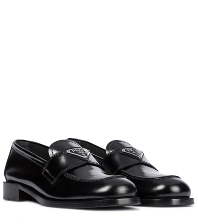 Prada Brushed Black Calf Leather Loafers With Enameled Logo