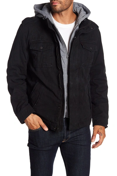 Levi's ® Washed Cotton Faux Shearling Lined Hooded Military Jacket In Black