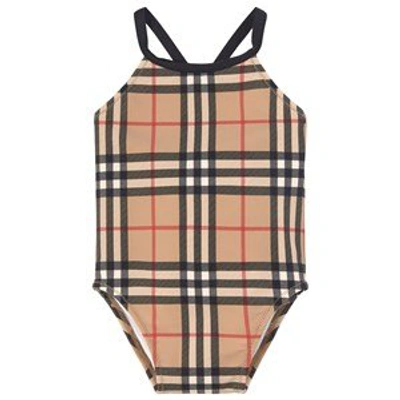 Burberry Babies' Beige Vintage Check Swimsuit In Blue