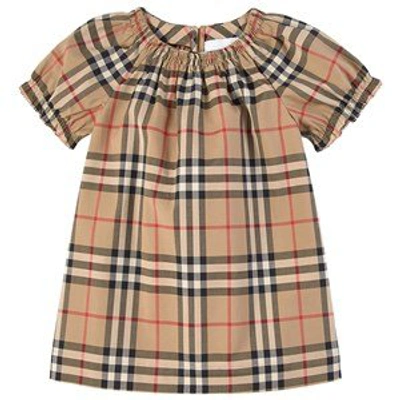 Burberry Babies'  Archive Beige Ruched Vintage Check Dress Set In Blue
