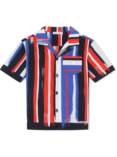 Dolce & Gabbana Kids' Painted Stripe Short-sleeve Shirt In Blue