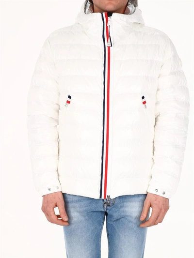 Moncler Men's Blesle Shiny Nylon Puffer Jacket W/ Stripes In White