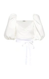 Miu Miu Puff-sleeve Cotton Pique Cropped Wrap Top In White