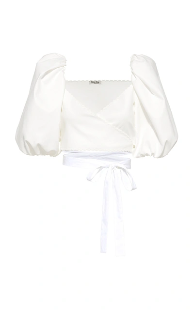 Miu Miu Puff-sleeve Cotton Pique Cropped Wrap Top In Talco (white)