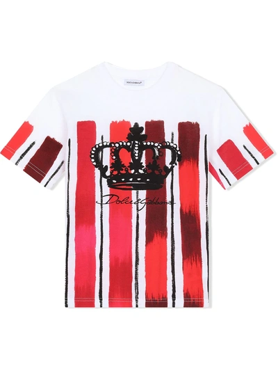 Dolce & Gabbana Kids' Dg Crown Painted Stripe T-shirt In White