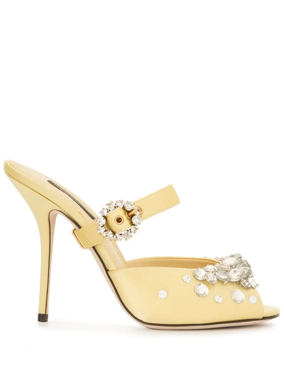 Dolce & Gabbana Yellow 105 Crystal Embellished Satin Mules