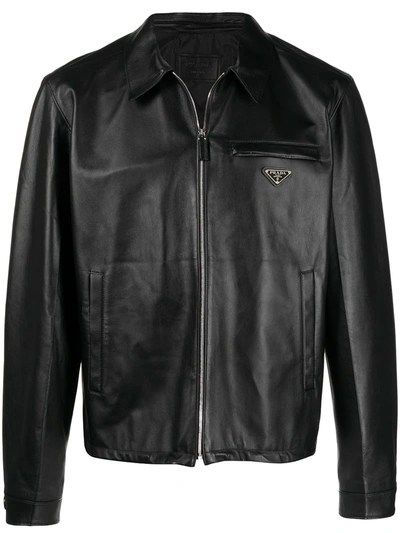 Prada Logo Plaque Leather Jacket In Black