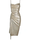 RABANNE METALLIC PLEATED DRESS WITH SIDE-BUTTON RUCHED DETAIL