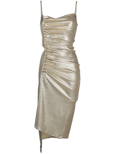 RABANNE METALLIC PLEATED DRESS WITH SIDE-BUTTON RUCHED DETAIL