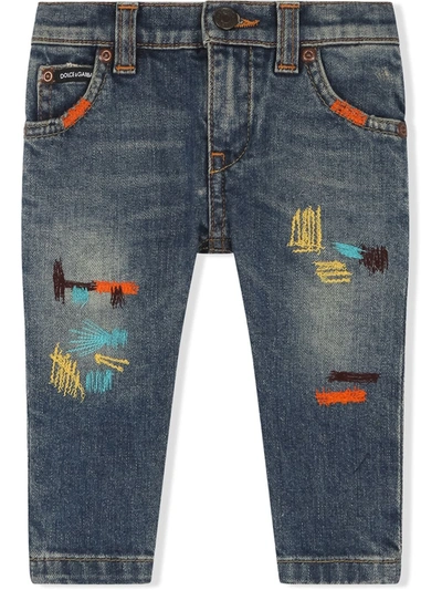 Dolce & Gabbana Babies' Embroidered Straight-leg Jeans In Blue