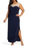 Alex Evenings Lace Illusion Yoke Wrap Syle Maxi Dress In Navy/nude