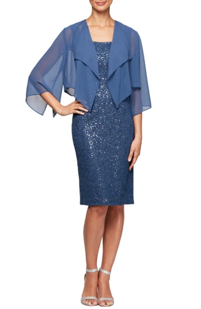 Alex Evenings Sequin Lace Cocktail Dress & Capelet Overlay 2-piece Set In Wedgewood