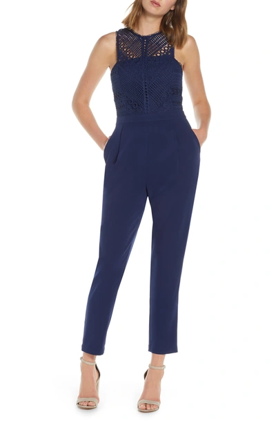 Adelyn Rae Joanie Crochet Lace Jumpsuit In Navy