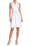 London Times Embroidered Eyelet Sleeveless Tie Waist Shirt Dress In White