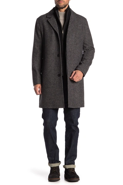 Cole Haan Wool Blend Leather Trim Bib Insert Coat In Melange Graphite