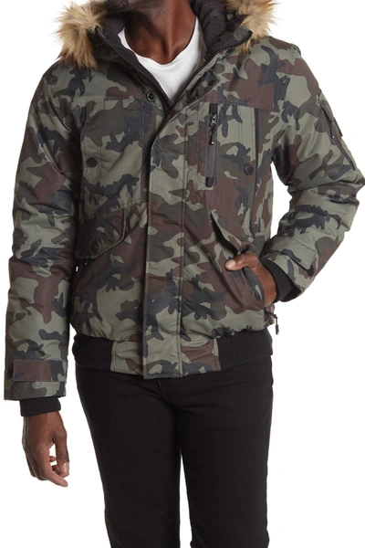 Noize Faux Fur Hooded Bomber Jacket In Classic Camo