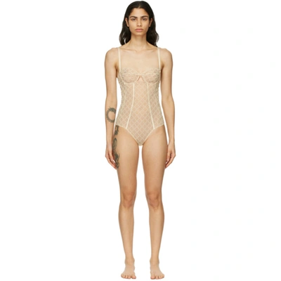 Gucci Logo Embroidery Tulle Lingerie Bodysuit In 9200 Ivory
