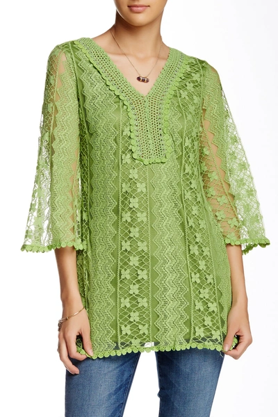 Forgotten Grace Beaded V-neck Lace Blouse In Green