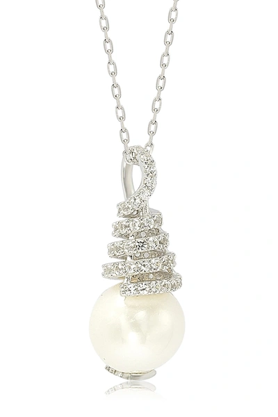 Suzy Levian Sterling Silver Cz Pave 10mm Cultured Freshwater Pearl Pendant Necklace In White