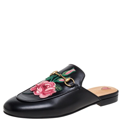 Pre-owned Gucci Black Leather Rose Embroidered Princetown Horsebit Flat Mules Size 38.5