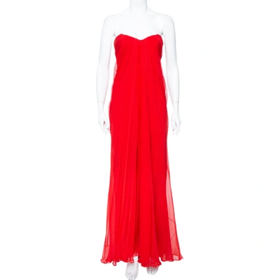 Pre-owned Alexander Mcqueen Red Chiffon Bustier Detail Strapless Evening Gown M