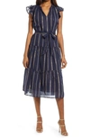 Adelyn Rae Metallic Stripe Ruffle Sleeve Midi Dress In Navy