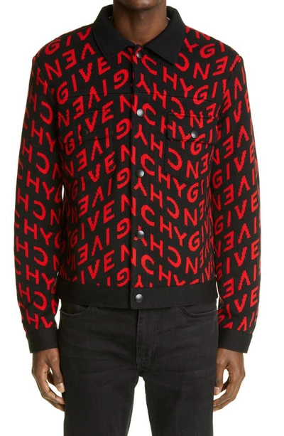 Givenchy Black & Red Wool Refracted Logo Bomber Jacket