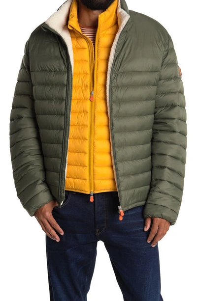 Save The Duck Faux Shearling Lined Puffer Jacket In Green